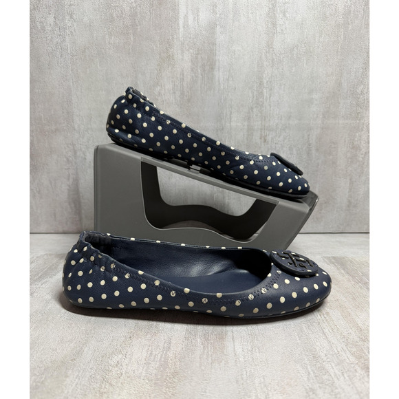 Tory Burch Ballet Flats Womens 7 Navy Polka Dot Leather Logo Round Toe Slip On - Picture 6 of 14